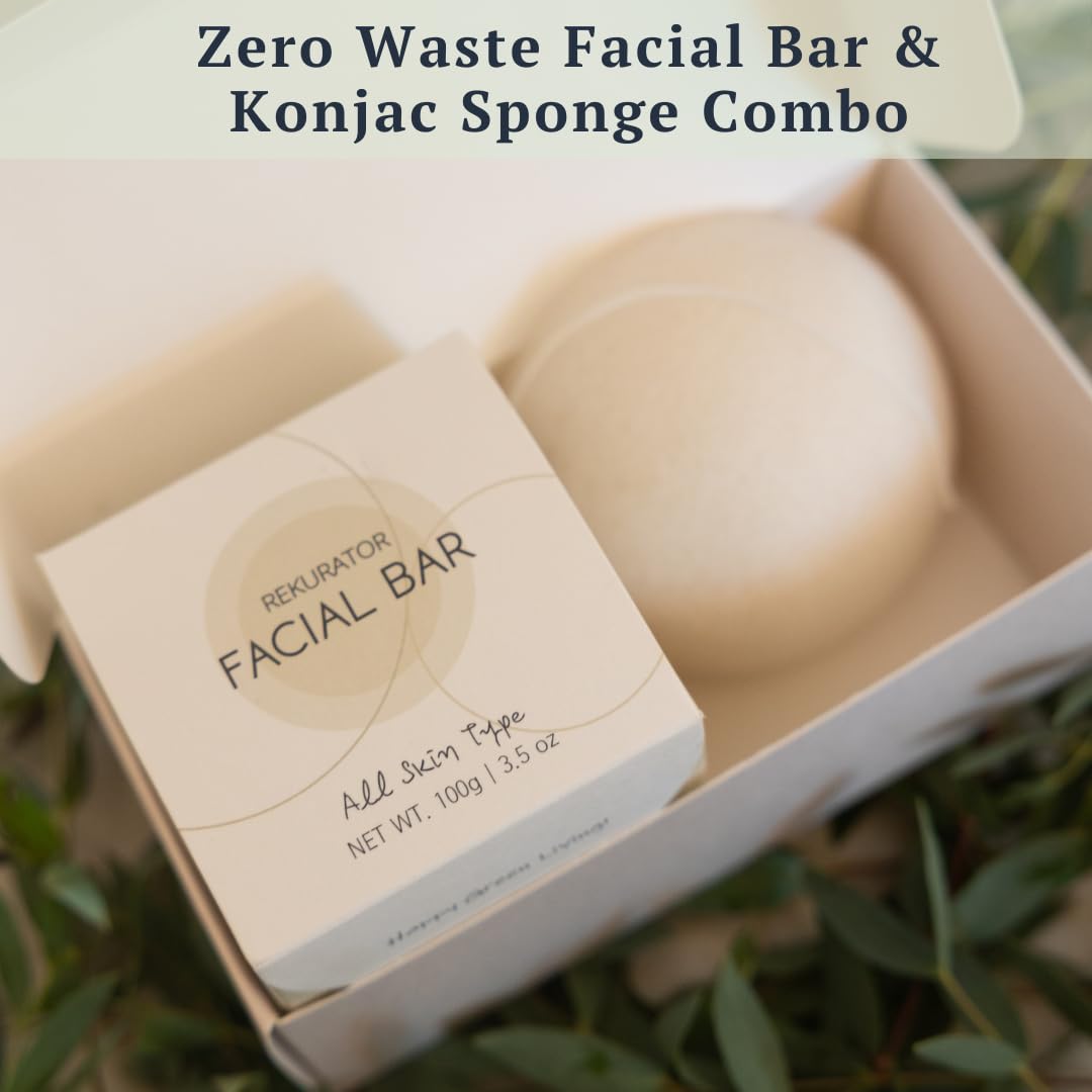 rE: REKURATOR pH-Balanced Facial Bar & 100% Plastic-Free Konjac Sponge Set - Natural Skincare Duo for Gentle Cleansing, Hydration, and Radiant Healthy Beauty and Personal Care RE: