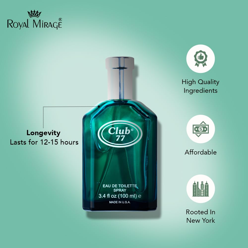 Royal Mirage Club 77 Eau de Toilette Spray for Men - Premium Masculine Cologne 100ml - Long-Lasting Fragrance with Anise, Jasmine & Sandalwood Beauty & Personal Care Royal Mirage