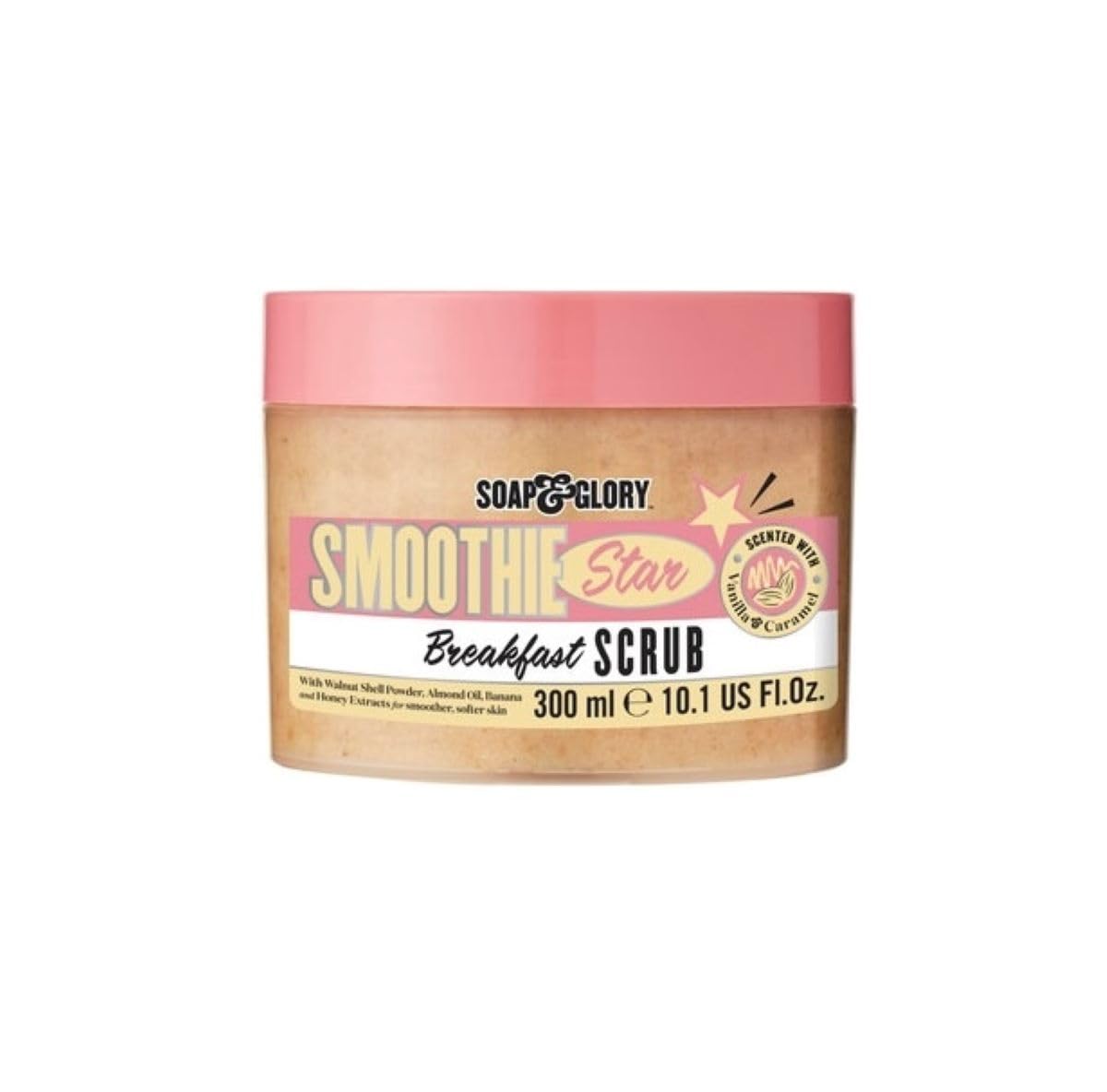 Soap & Glory Smoothie Star Exfoliating Body Scrub - Buff & Smooth Skin - Almond & Caramel Scented Vegan Body Polish - Brightening Scrub with Honey Beauty & Personal Care Soap & Glory