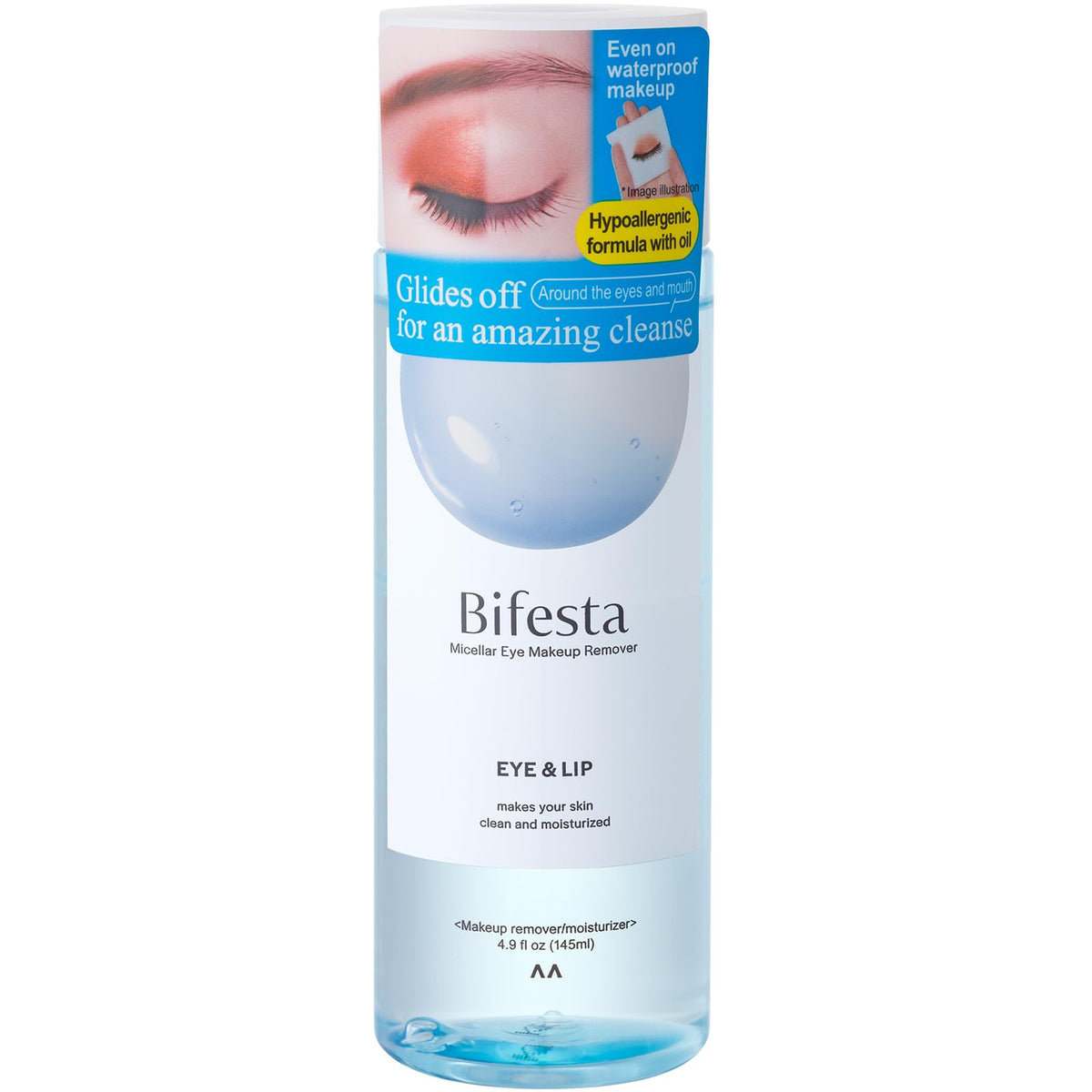 Bifesta Eye & Lip Micellar Makeup Remover 4.9 fl oz (145ml) - Dual-Phase Waterproof Makeup Remover, Non-Greasy, Fragrance-Free by MANDOM, Made in