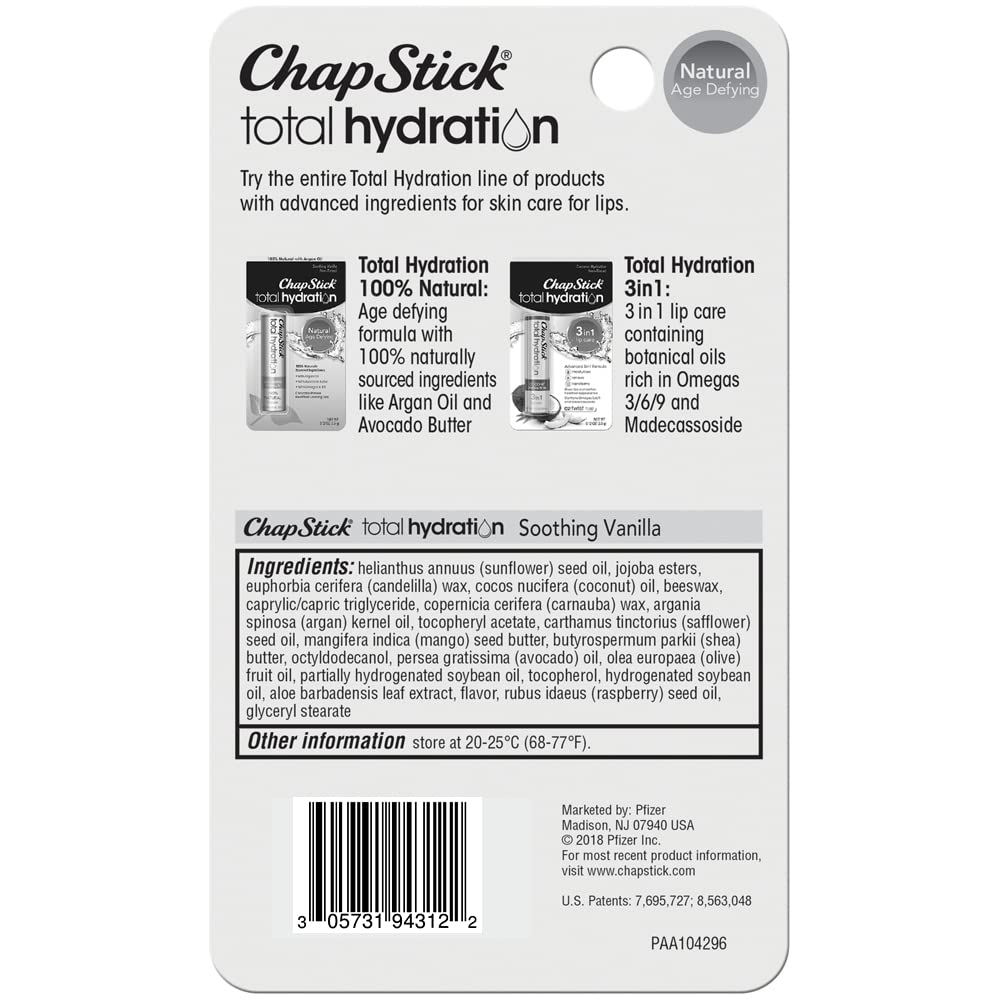 ChapStick Total Hydration Soothing Vanilla Moisturizing Lip Balm Tube, Lip Care with Argan Oil - 0.12 Oz Beauty & Personal Care ChapStick