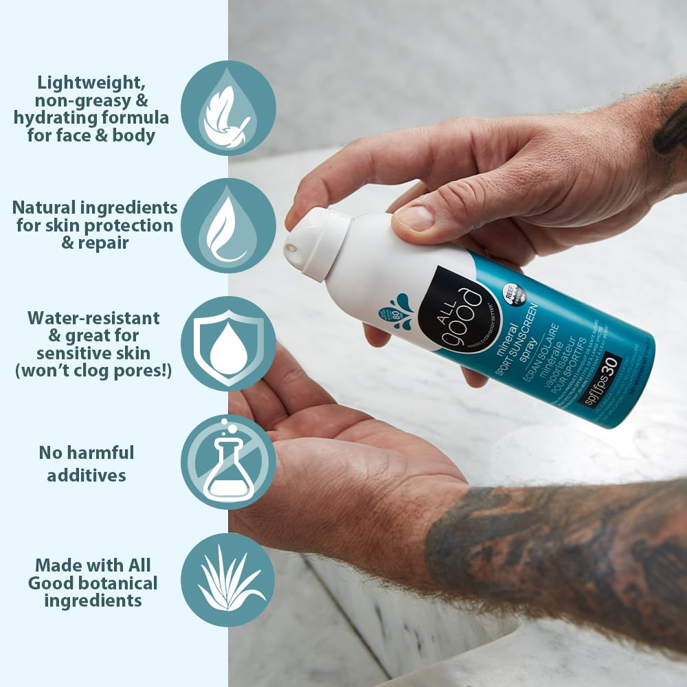 All Good Sport Sunscreen Spray - UVA/UVB Broad Spectrum SPF 30 - Water Resistant, Coral Reef Friendly - Zinc, Calendula, Aloe (6 oz) Beauty & Personal Care All Good Makes Everything Better