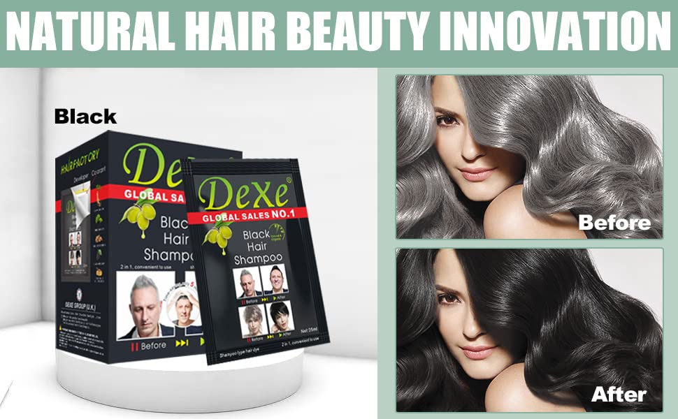 Instant Hair Dye - Black Hair Shampoo - (3) Black Colour - Simple to Use - Last 30 days - Natural Ingredients Beauty & Personal Care Dexe