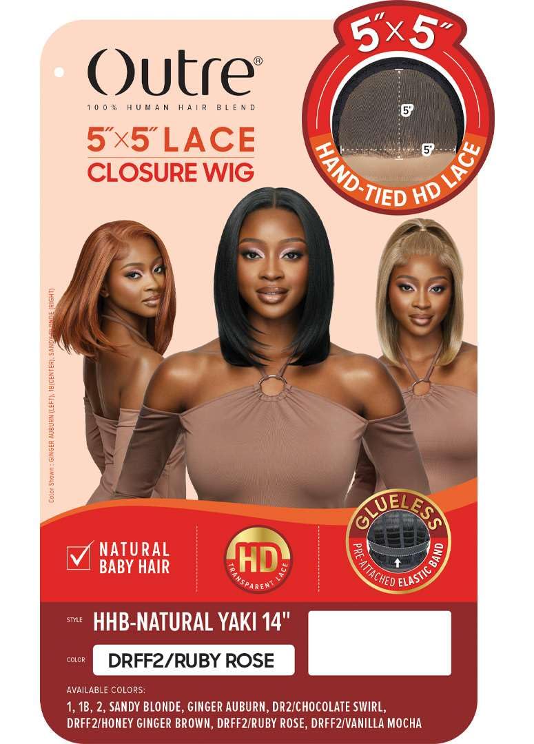 Outre - 5X5 Lace Closure Wig - Human Hair Blend - Natural Yaki 14" (OFF BLACK 1B)