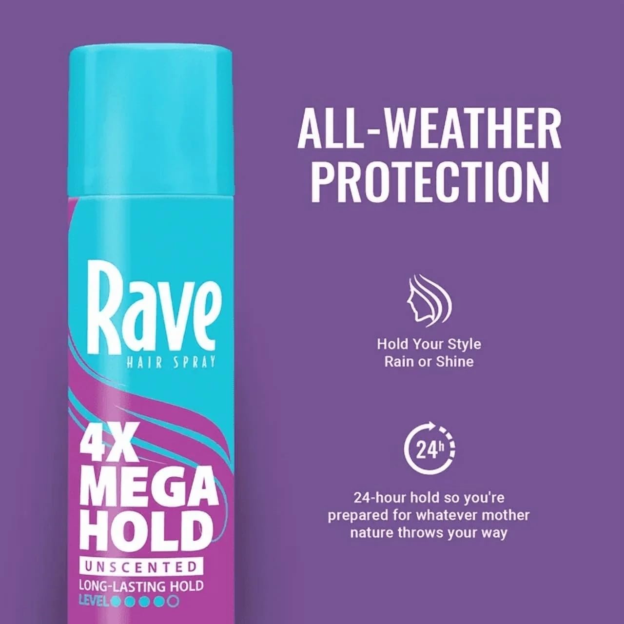 Rave 4X Mega Unscented Aerosol Hairspray - Hair Spray for High Humidity Weather - 24-Hour Lasting Hold - Vitamin-Enhanced Hair Volume Spray - 4 pc Beauty & Personal Care rave