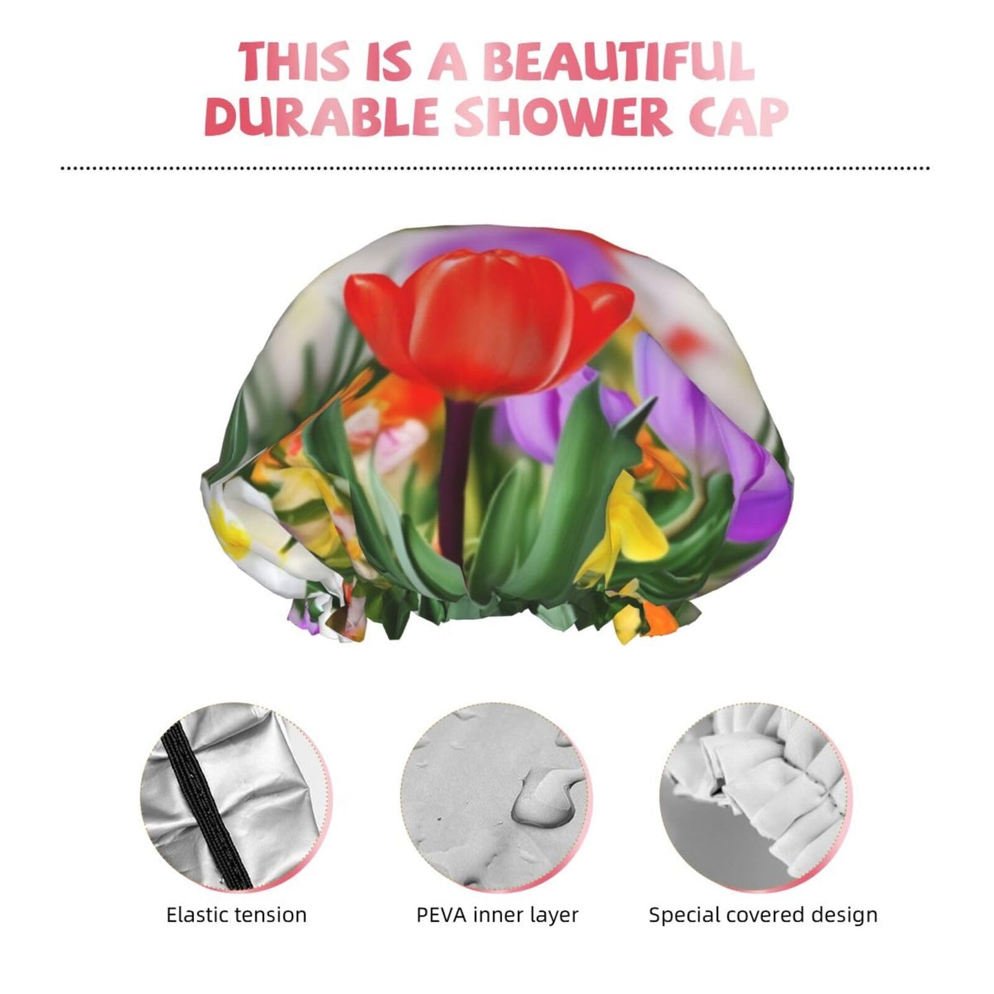 Spring Flowers Shower Cap for Women Men Large Reusable Shower Bonnet Double-Layer Waterproof Bath Caps Elastic Band Hair Hat for All Hairstyles Beauty and Personal Care BWLHJKE