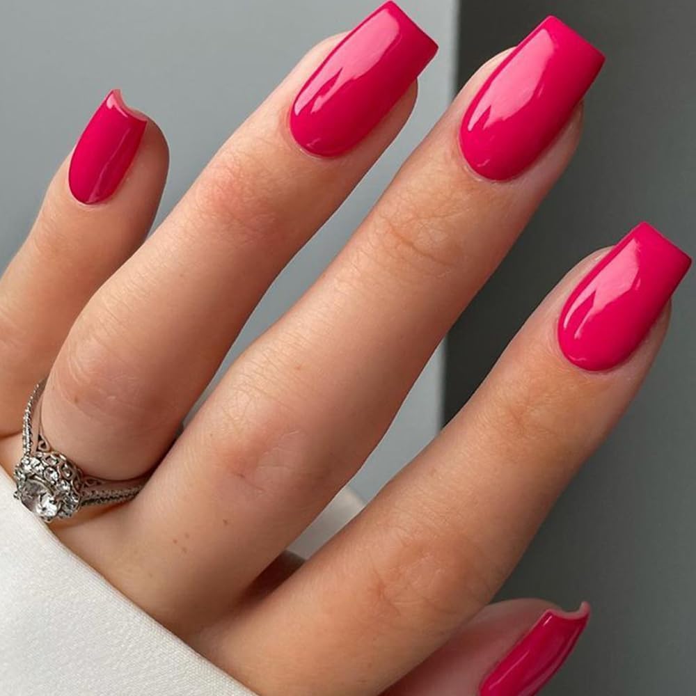 Gel Nail Polish Press on Nails Short, Handmade Hot Pink Fake Nails Medium Square Shape UV Jelly Finish Glue on Nails for Women Acrylic False Nail Kits Beauty & Personal Care GLAMERMAID