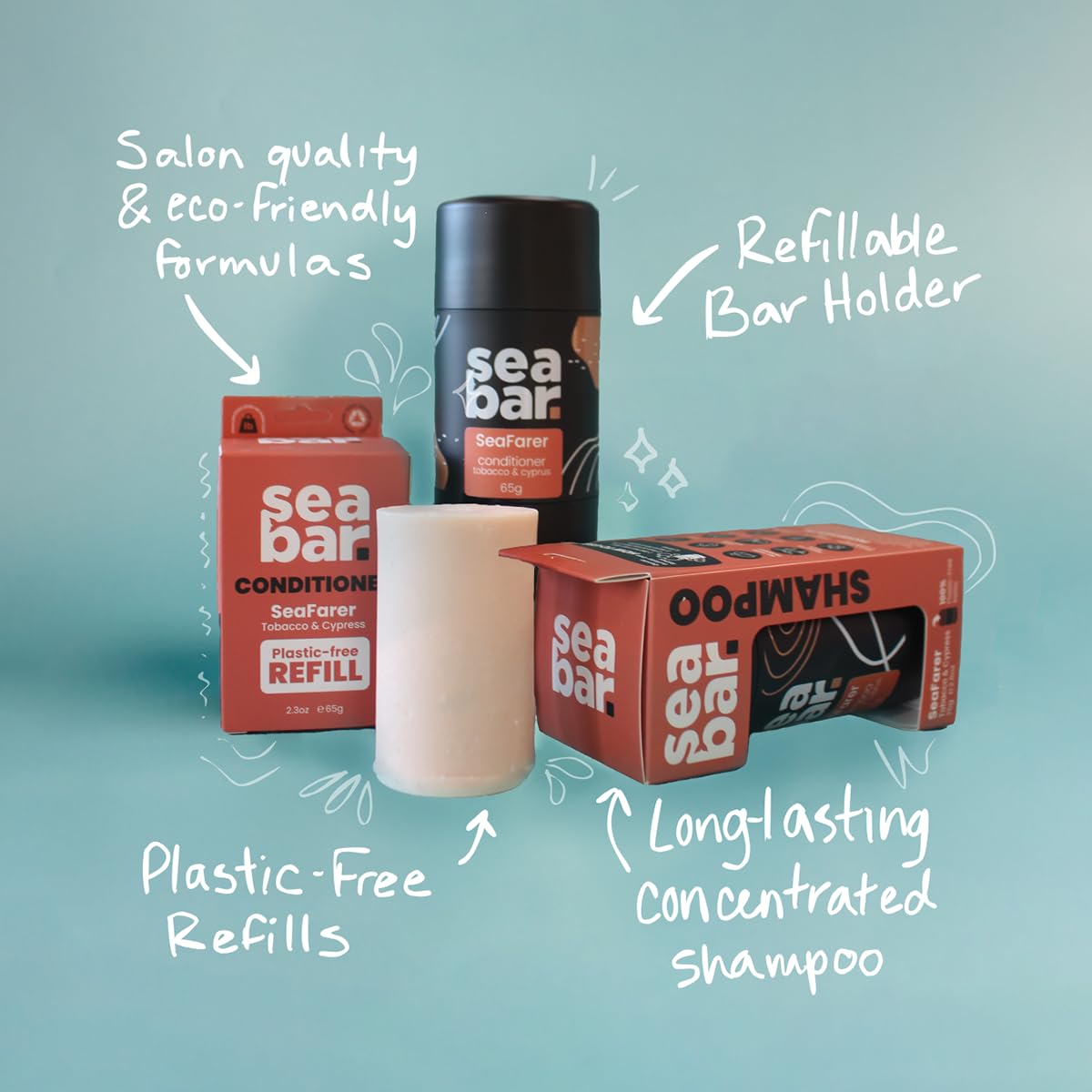 SeaBar Shampoo & Conditioner Bar Refill Set - All Natural Hair Shampoo - Vegan, Sulfate-Free, Eco Friendly Zero Waste Reusable Packaging with Travel Beauty & Personal Care SeaBar
