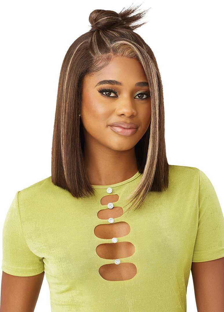 Outre 6X5 Pre-Cut Lace Closure Wig - Human Hair Blend - Yaki Straight Bob 14" (COCOA CARAMEL)