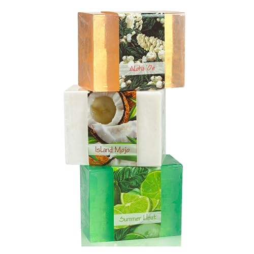 Nabila K Tropical Shores Glycerin Bar Soap Set of 3 | Aloha 'Oe, Island Mojo & Summer Heat | Natural, Vegan, Hypoallergenic | 100% Vegetable Glycerin Beauty & Personal Care Nabila K