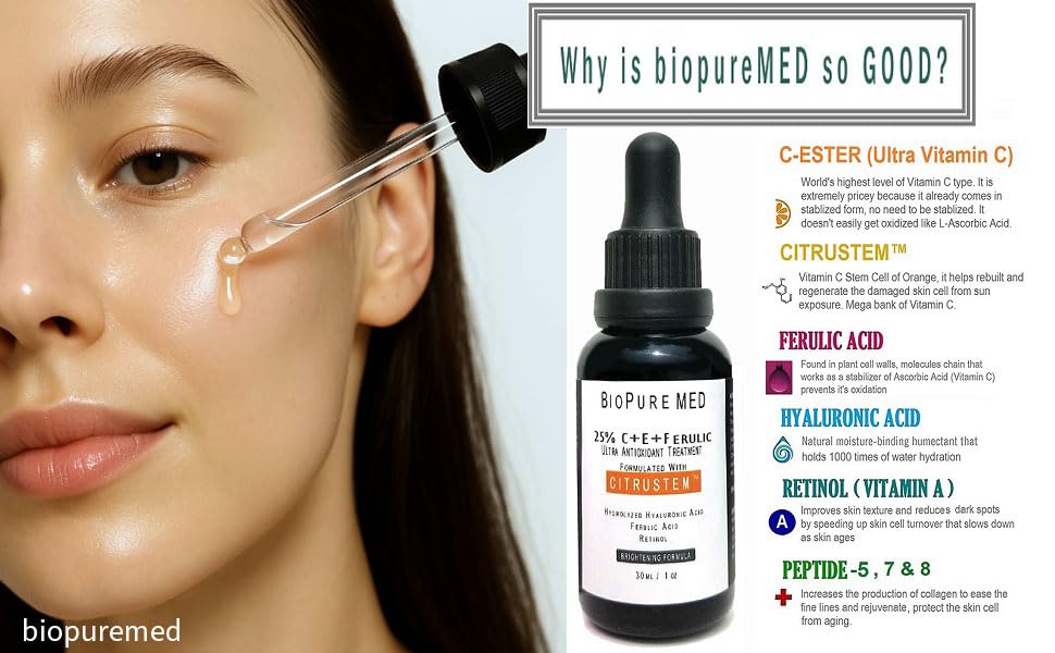 BioPureMED 25% Vitamin CE+Ferulic Acid Serum for Face: Anti Wrinkle Serum Retinol 22, Hyaluronic Acid Best Organic Korean Skin Care Vitamin C Beauty & Personal Care STEMBOTANY