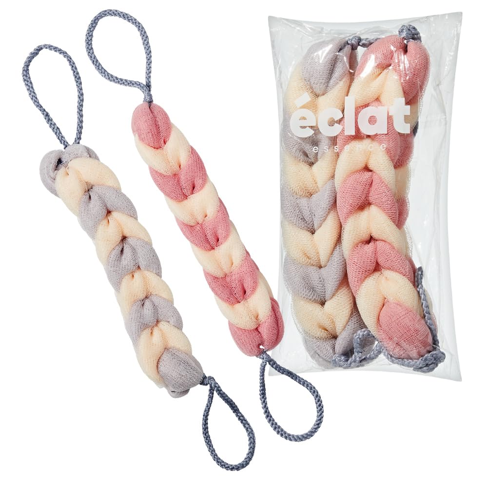 Éclat Long Stretch Back Loofah, Braided Mesh Shower Sponge with Rope Handles, Exfoliating Body Scrubber, Long Handle Bath Pouf for Deep Cleansing Beauty and Personal Care Éclat