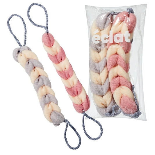 Éclat Long Stretch Back Loofah, Braided Mesh Shower Sponge with Rope Handles, Exfoliating Body Scrubber, Long Handle Bath Pouf for Deep Cleansing Beauty and Personal Care Éclat