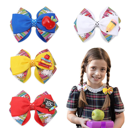 4pcs Back to School Hair Bows Clips for Girls - Yellow Apple Pen Blackboard Barrette, Colorful Hair Bow Accessories for First Day of School Beauty & Personal Care Threetols