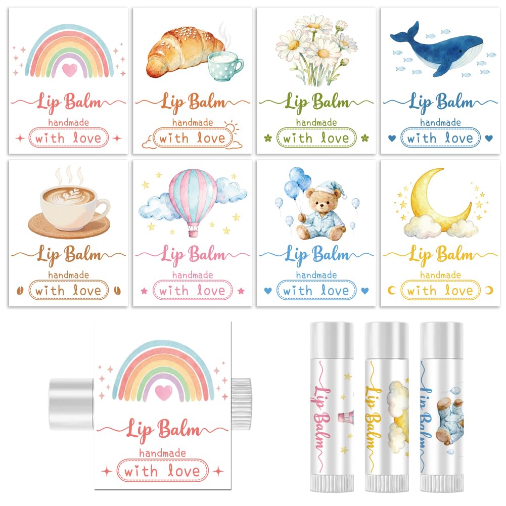 Peacoblue 160Pcs Lip Balm Labels Sticker for Tubes 2.1"x1.7" Soft Cute Watercolor Elements, 8 Styles Waterproof Chapstick Labels Glossy for Homemade Beauty and Personal Care peacoblue
