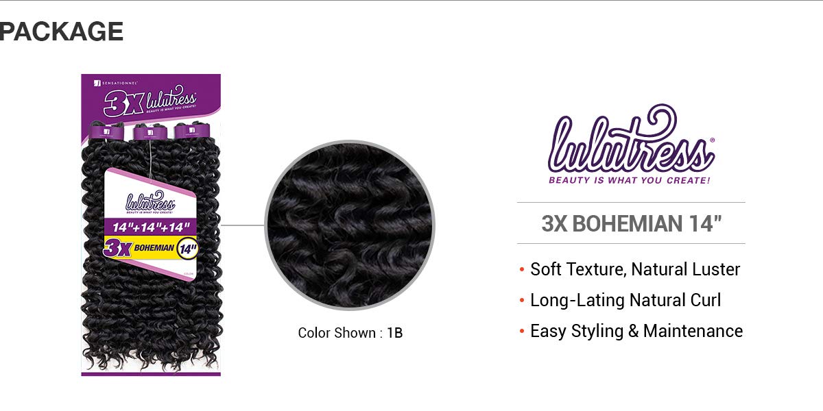 Sensationnel Lulutress Crochet Braiding Hair-3X Bohemian 14in,1 JETBLACK