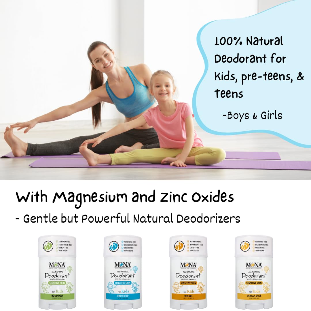 MONA UNSCENTED 100% Natural Deodorant for Kids, Preteens & Teens - Clean Beauty Award Winner - No Baking Soda, Synthetic Scents or Aluminum - Safe Beauty and Personal Care MONA