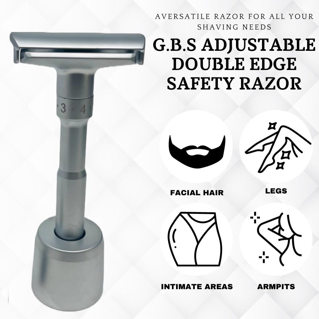 G.B.S Chrome Adjustable Men's Double Edge Safety Razor with Blades, Stand and 10 G.B.S Platinum Blade Refills Beauty and Personal Care G.B.S