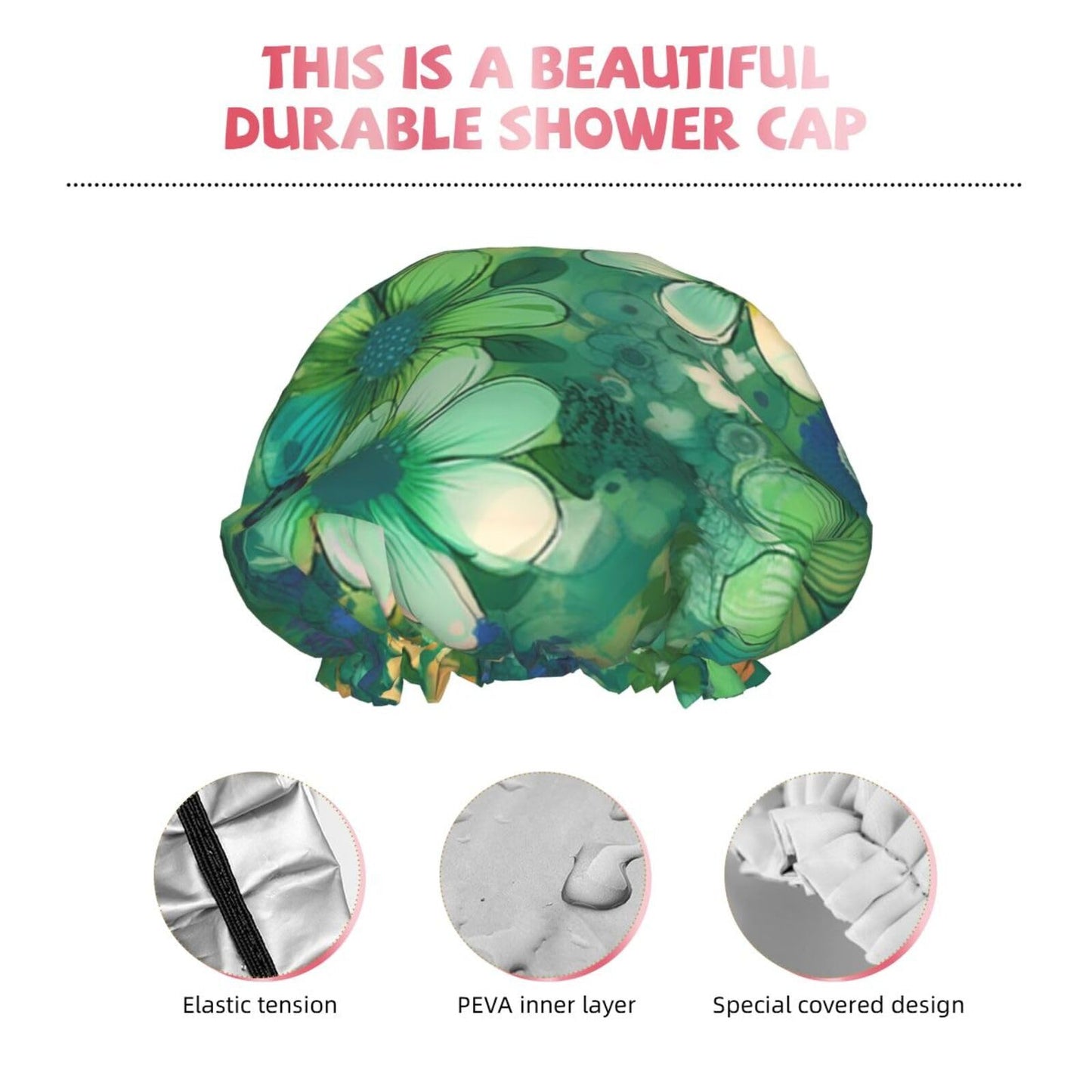 Abstract Seasonal Green Floral Shower Cap For Women Reusable Double Layers Bathing Bath Cap Hair Caps Waterproof Elastic Band Ladies Spa Salon Shower Beauty and Personal Care GDSHJKLW
