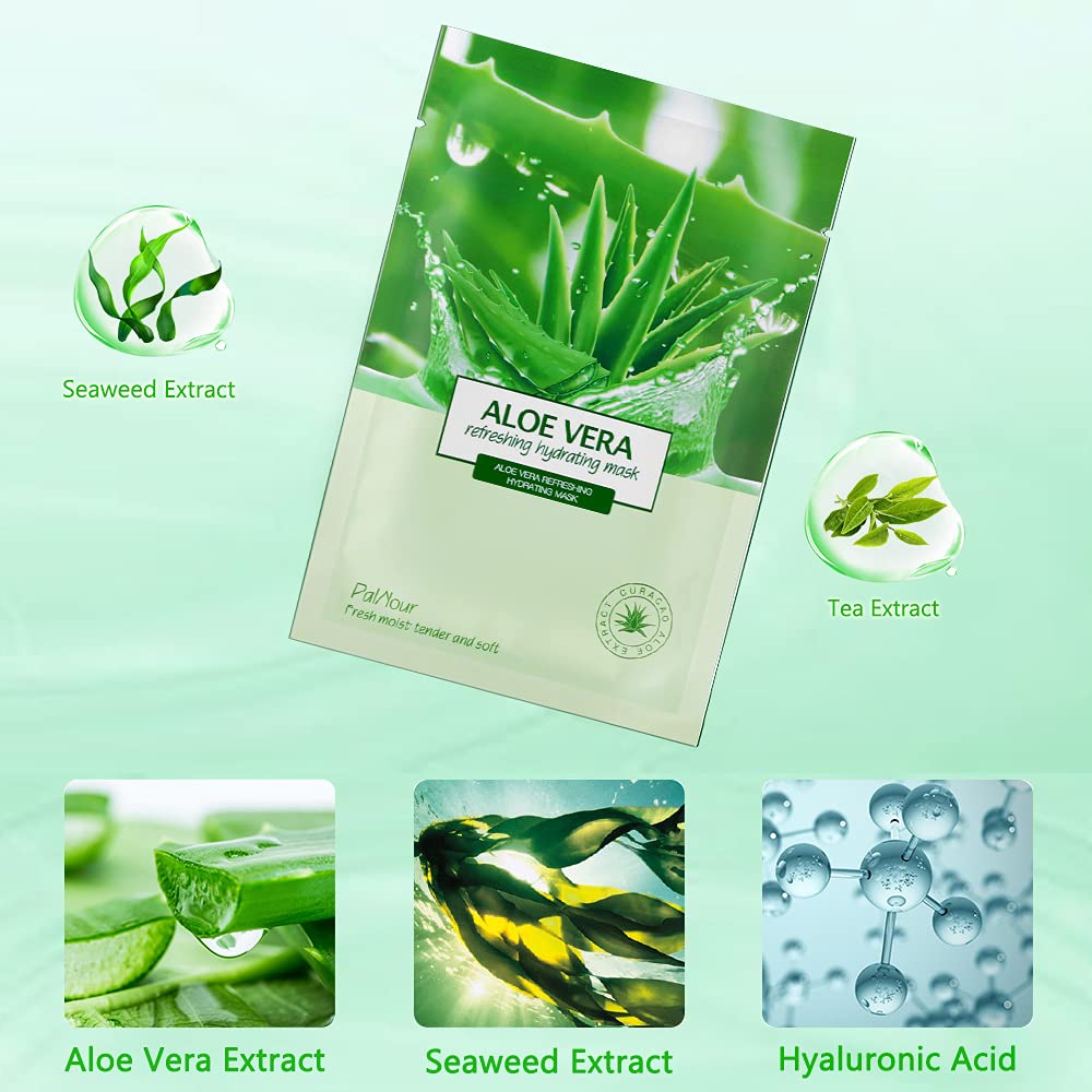 PalNour Aloe Facial Skincare Sheet Hydrating Moisturizing Revitalizing Facial Skincare Sheet for Dry, Oily, Sensitive and Tired Skin 25ml/0.8oz, Pack Beauty & Personal Care PalNour