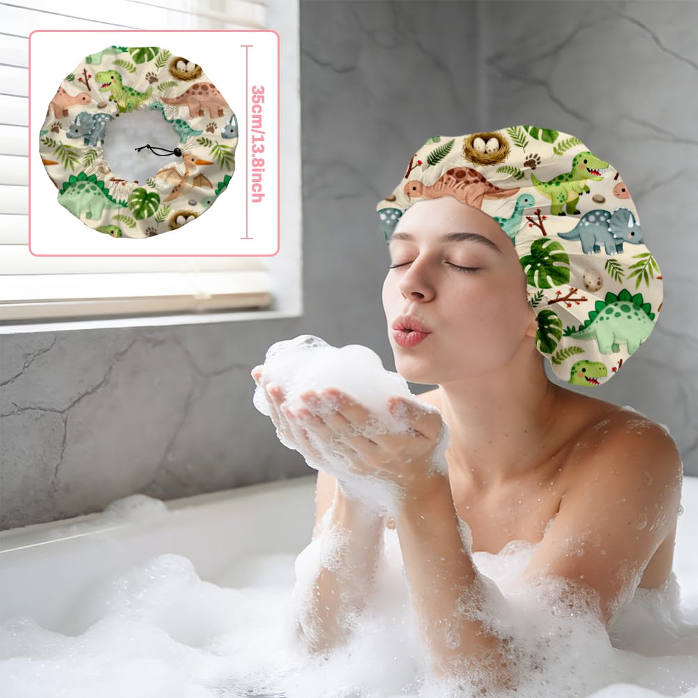 DELORIGIN Dinosaurs Leaves Reusable Shower Cap Cute Double Layer Waterproof Shower Caps Large Elastic Hair Cover Adjustable Hair - Drying Caps Beauty and Personal Care DELORIGIN