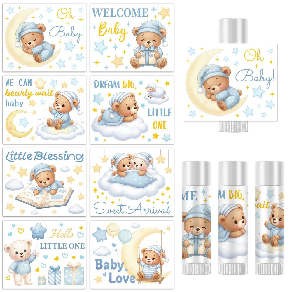 Peacoblue 160Pcs Lip Balm Labels Sticker for Tubes 2.1"x1.7" Baby shower teddy bear, 8 Styles Waterproof Chapstick Labels Glossy for Homemade Lip Balm Beauty and Personal Care peacoblue