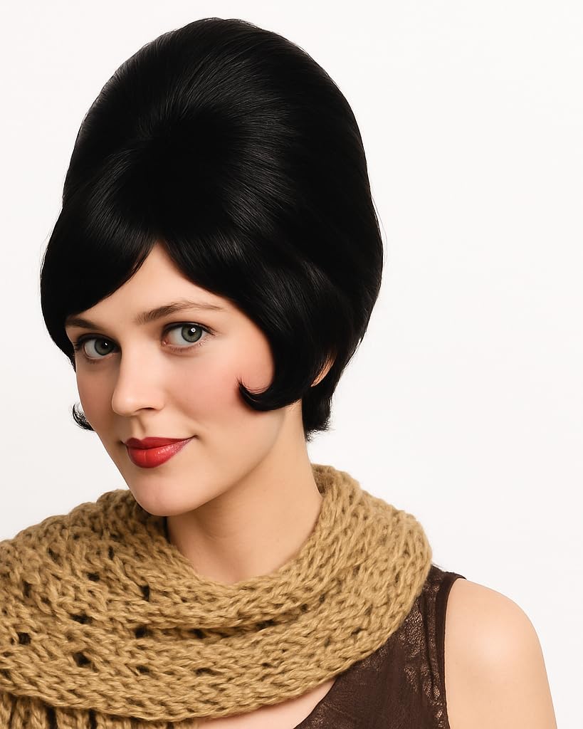 Black Beehive Costume Wig, Retro Sixties Bouffant for Adult Women