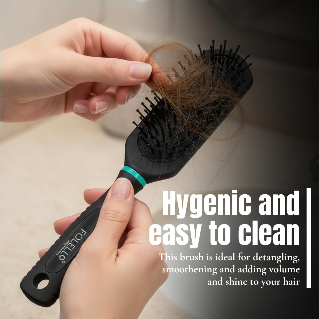 FOLELLO Paddle Hair Brush for Men and Women - Black Detangling Comb for Straight, Curly, Thick or Thin Hair - Styling Brush for Wet and Dry Hair