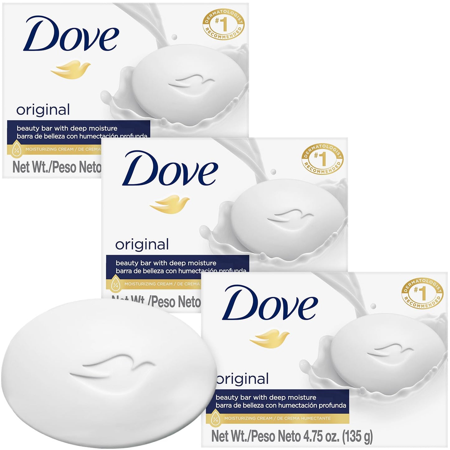 Dove Soap, Original Beauty Bar 3-Pack - 3-in-1 Moisturizing Face, Body & Hand Soap, 4.75 Oz Ea Beauty & Personal Care Dove