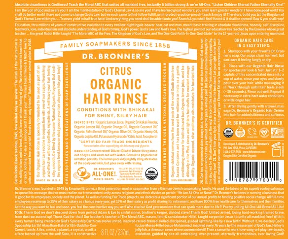 Dr. Bronner's Fair Trade & Organic Hair Conditioning Rinse - Citrus Orange, 8 Ounce Beauty & Personal Care Dr. Bronner's