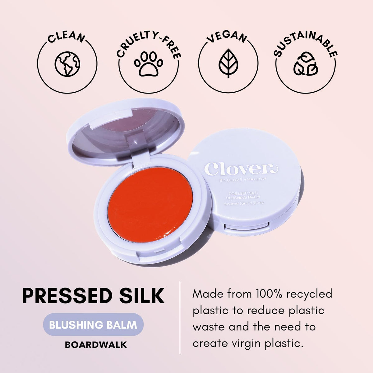 Clover Pressed Silk Blushing Balm | Natural Looking Blush, Glowing Skin, Easy to Blend | Cruelty-Free & Vegan Cream Blush For Cheeks (Broadwalk)