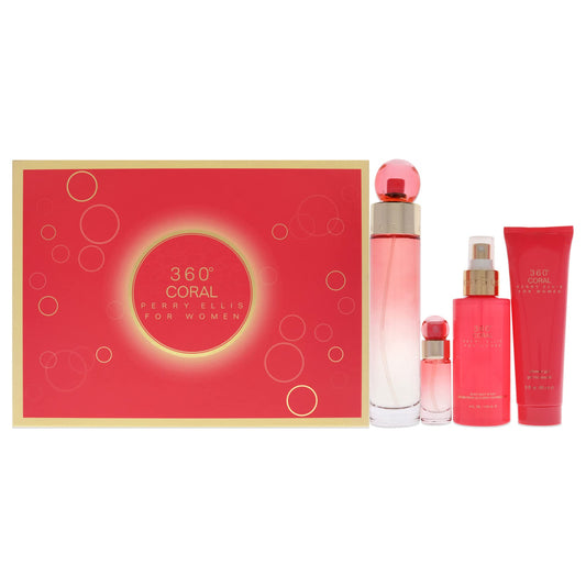 Perry Ellis 360 Coral 3.4oz EDP Spray, 4oz Body Mist, 3oz Shower Gel, 0.25oz EDP Spray Women 4 Pc Gift Set Beauty & Personal Care Perry Ellis