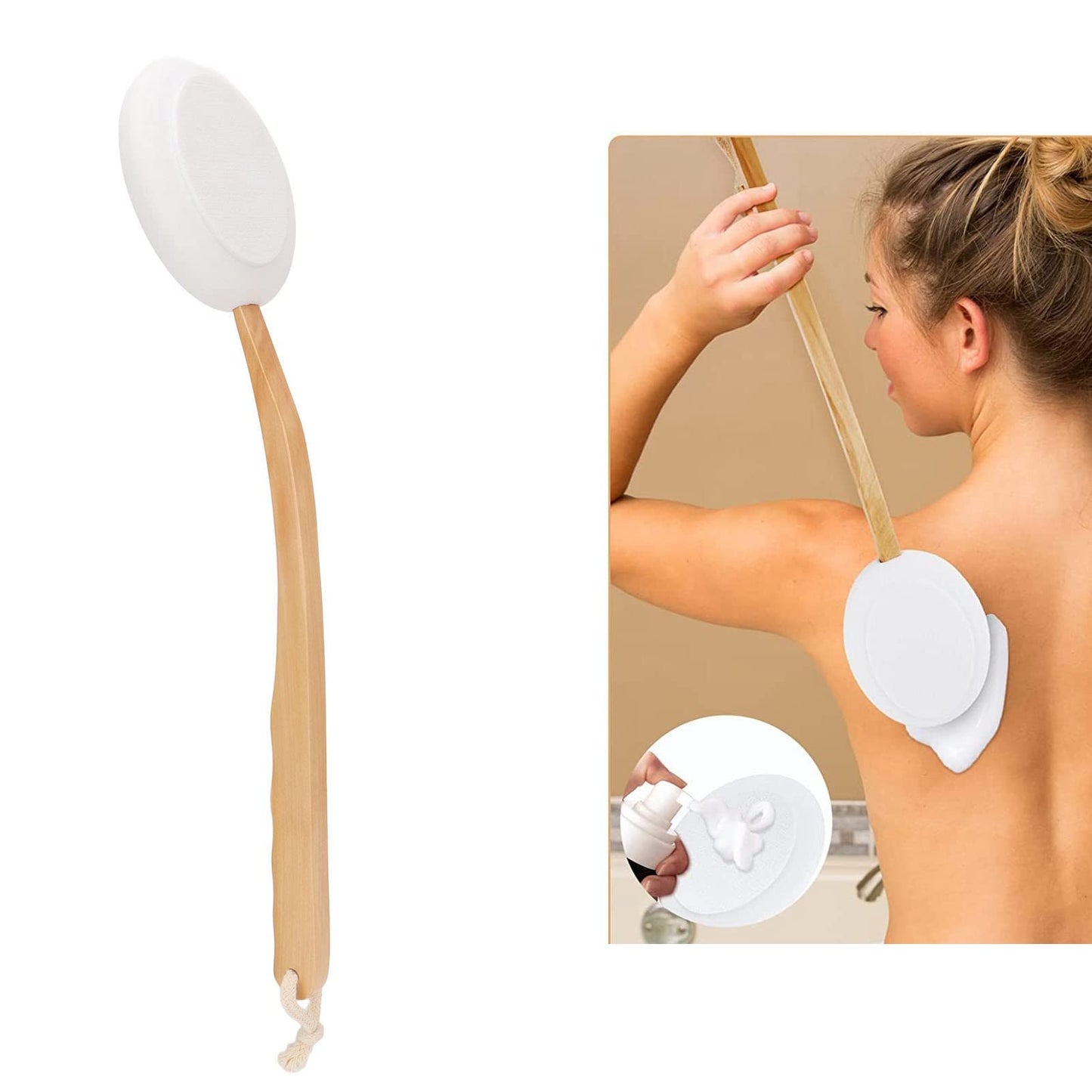 Back Lotion Applicator Long Handle Shower Brush with 6 EVA Replacement Heads, Exfoliating Body Scrubber for Hard to Areas, Non Slip Wooden Grip Beauty and Personal Care Haofy