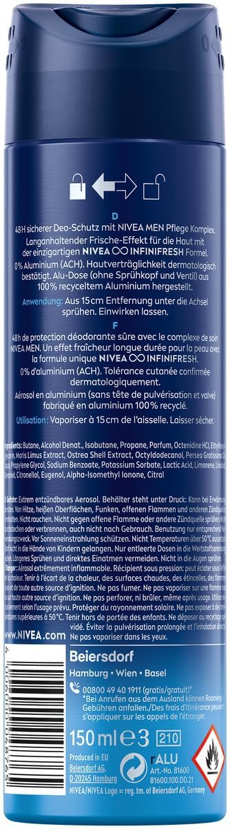 NIVEA Men Fresh Active Deodorant Spray 6 x 150 ml Pack of 6 Beauty and Personal Care NIVEA