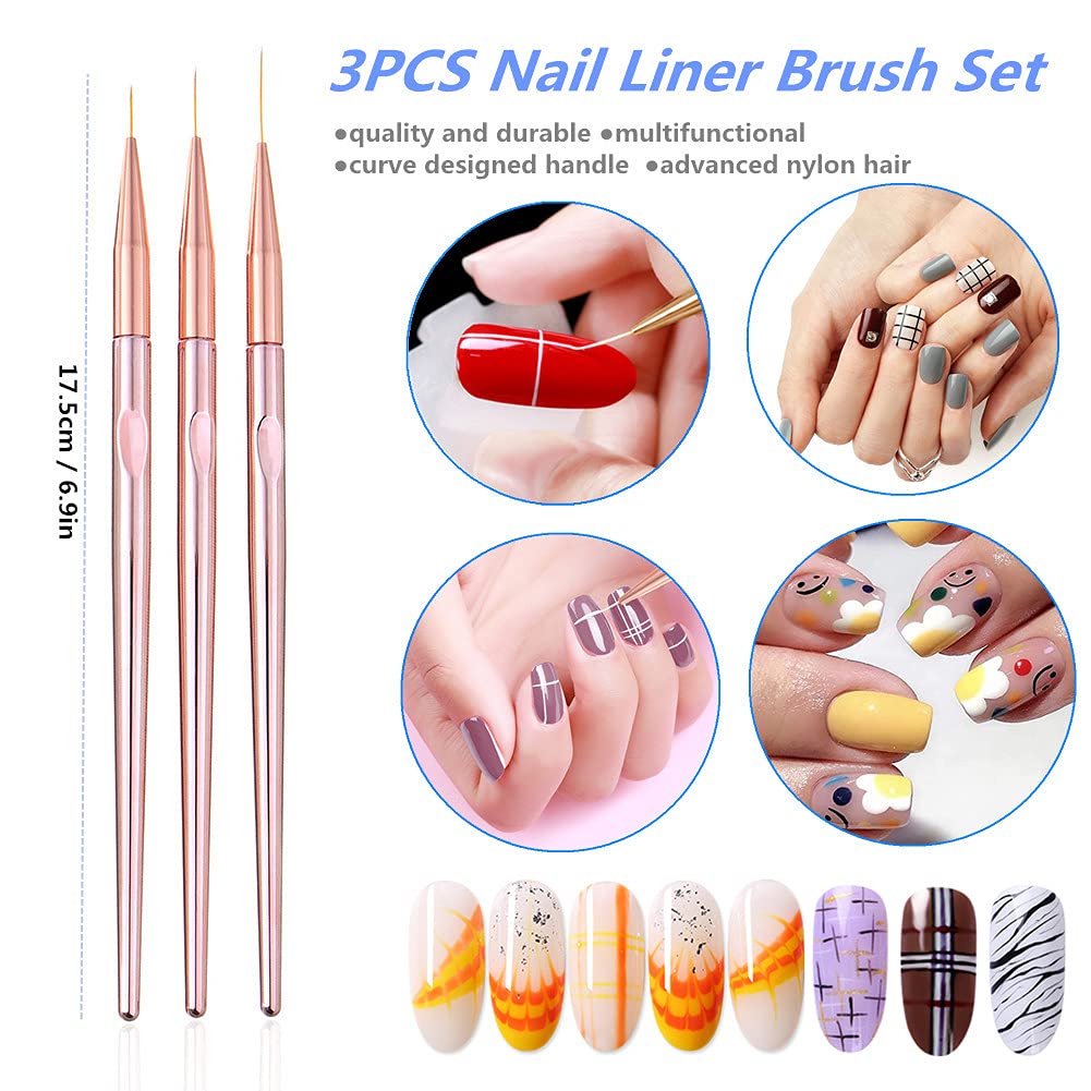 FULINJOY 3 Pcs Rose Gold Nail Art Liner Brushes Set, UV Gel Acrylic Application Nail Pens Nail Art Designs Tools(7mm/9mm/11mm) Beauty & Personal Care FULINJOY