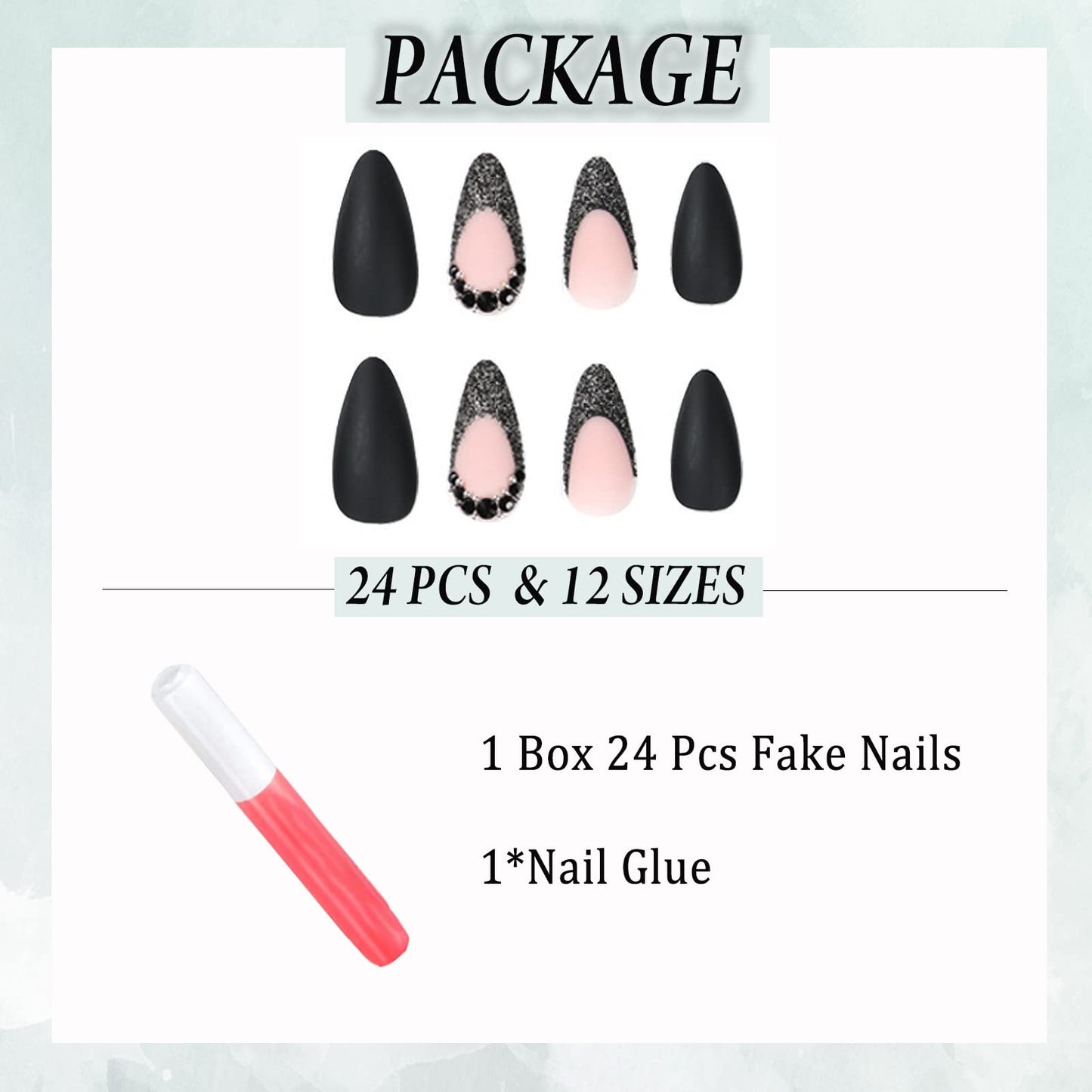 IMSOHOT Medium Press on Nails Almond Matte Black Fake Nails French Tips Acrylic False Nails with Rhinestone Designs Beauty & Personal Care IMSOHOT