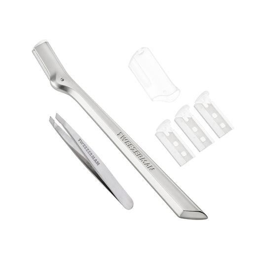 Tweezerman Eyebrow Razor and Mini Tweezer Set with 3 Replacement Blades and Safety Cap (Stainless Steel) Beauty and Personal Care Tweezerman