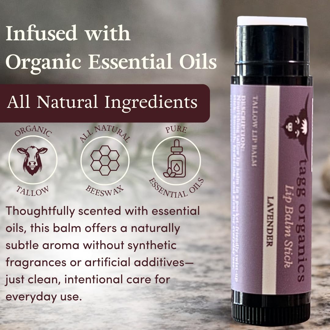 Lavender Tallow Lip Balm - Moisturizing Lip Care with Grass-Fed Tallow, Natural Beeswax & Essential Oils, 4 Pack (.15 oz) Beauty and Personal Care TAGG ORGANICS