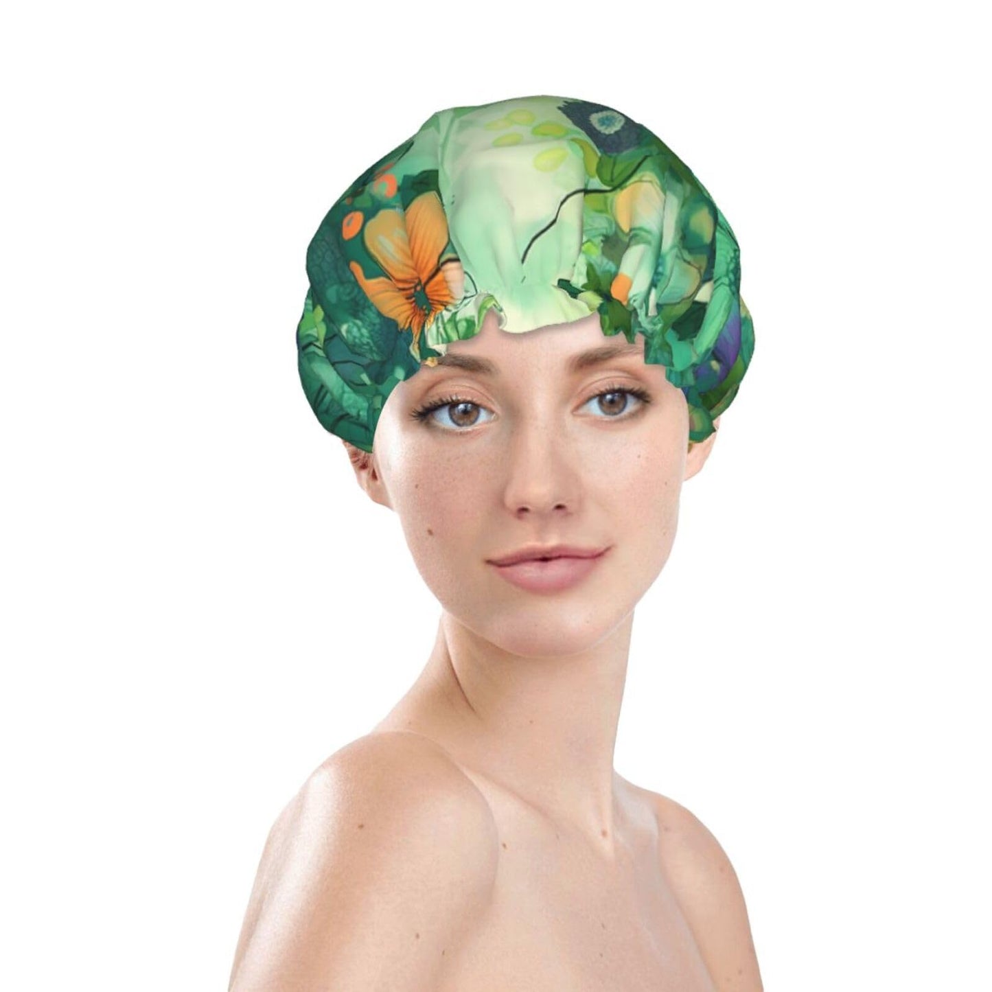 Abstract Seasonal Green Floral Shower Cap For Women Reusable Double Layers Bathing Bath Cap Hair Caps Waterproof Elastic Band Ladies Spa Salon Shower Beauty and Personal Care GDSHJKLW