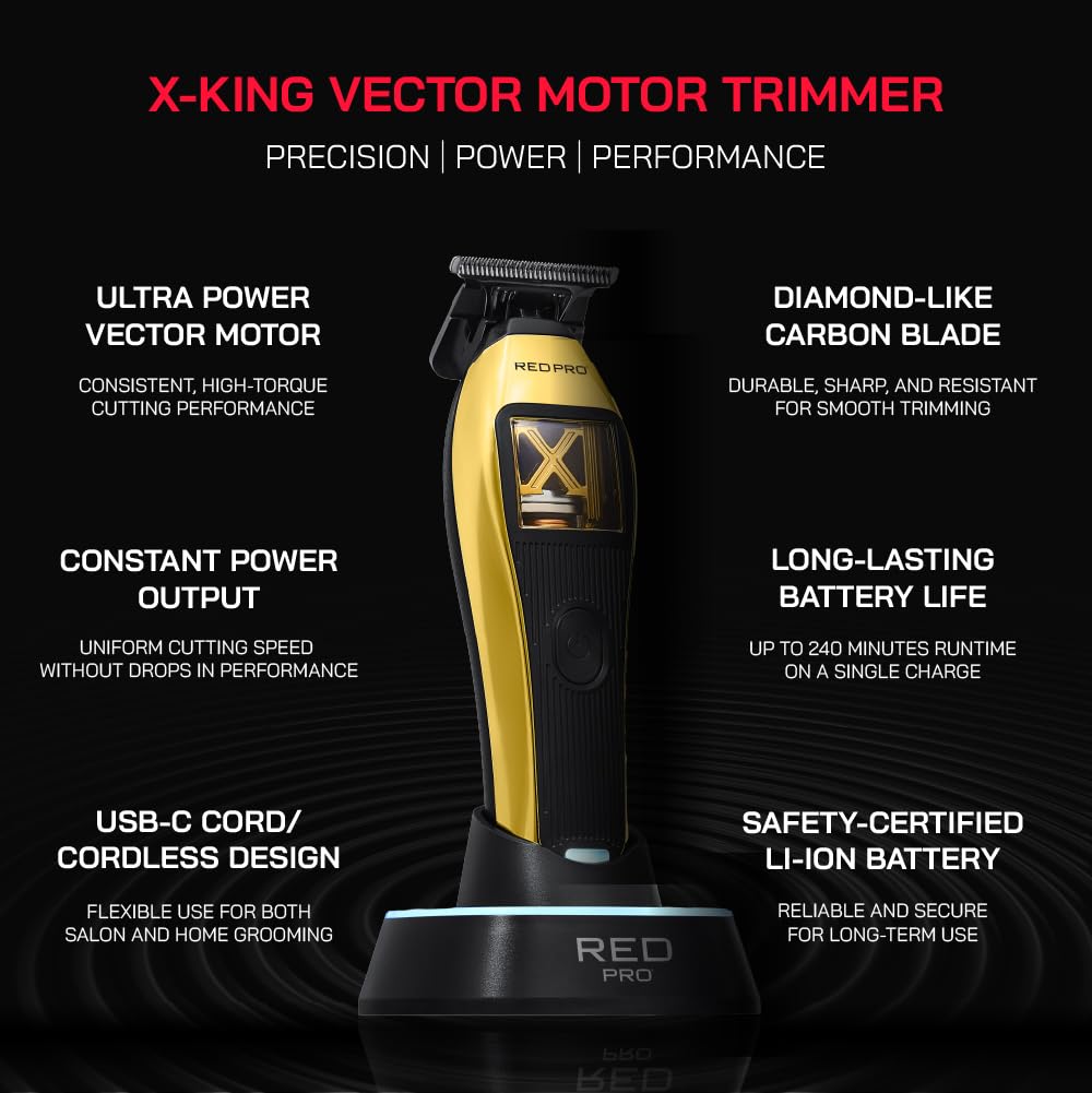 RED PRO X King Vector Motor Cordless Hair Trimmer Professional Barber Detail Beard Trimmer DLC Blade USB C 240 Min Gold Black Beauty and Personal Care RED Pro