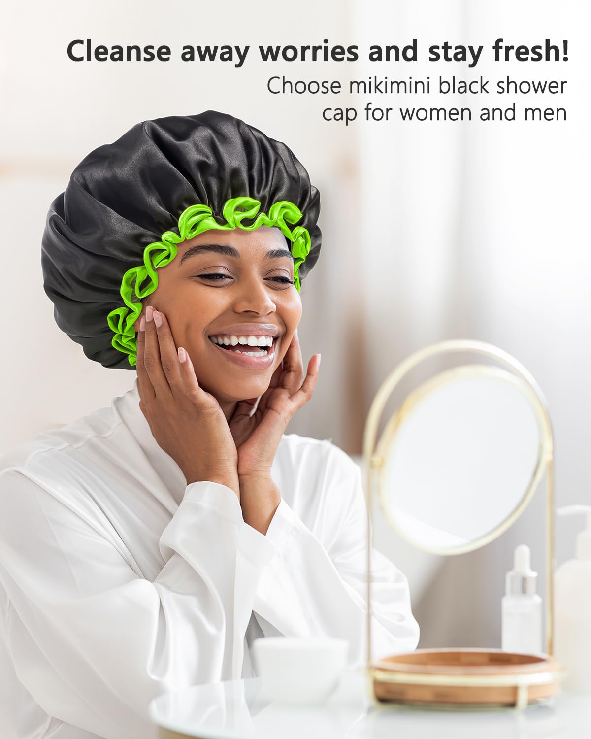 mikimini Black Shower Cap for Women, Men & Girls, 2 Packs Reusable Double Layers Waterproof Bathing Shower Hat with Soft Comfortable PEVA Lining Beauty & Personal Care mikimini