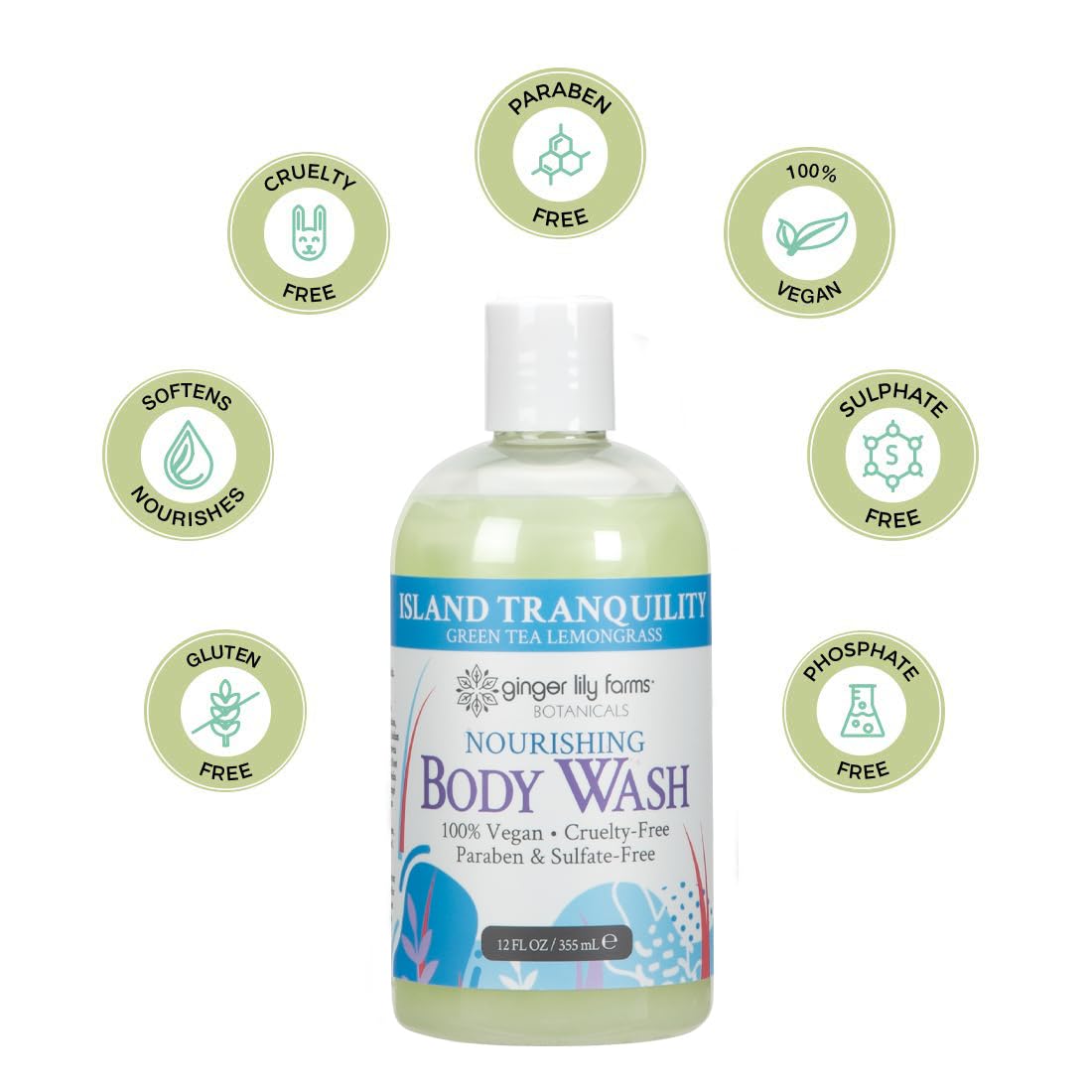 Ginger Lily Farms Botanicals Nourishing Body Wash, Island Tranquility, 100% Vegan & Cruelty-Free, Green Tea & Lemongrass Scent, 12 Fl Oz Beauty & Personal Care Ginger Lily Farms