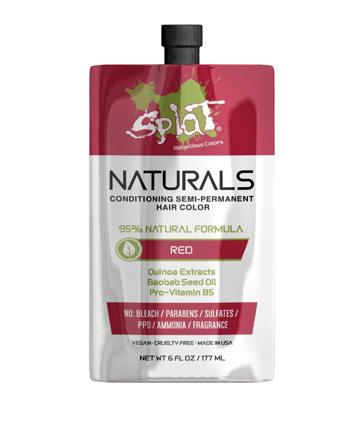 Splat Naturals Semi-Permanent Hair Color, Red, 6 fl. oz., 95% Natural Hair Dye Formula Lasts Up to 30 Washes, Vegan & Cruelty-Free Beauty & Personal Care Splat