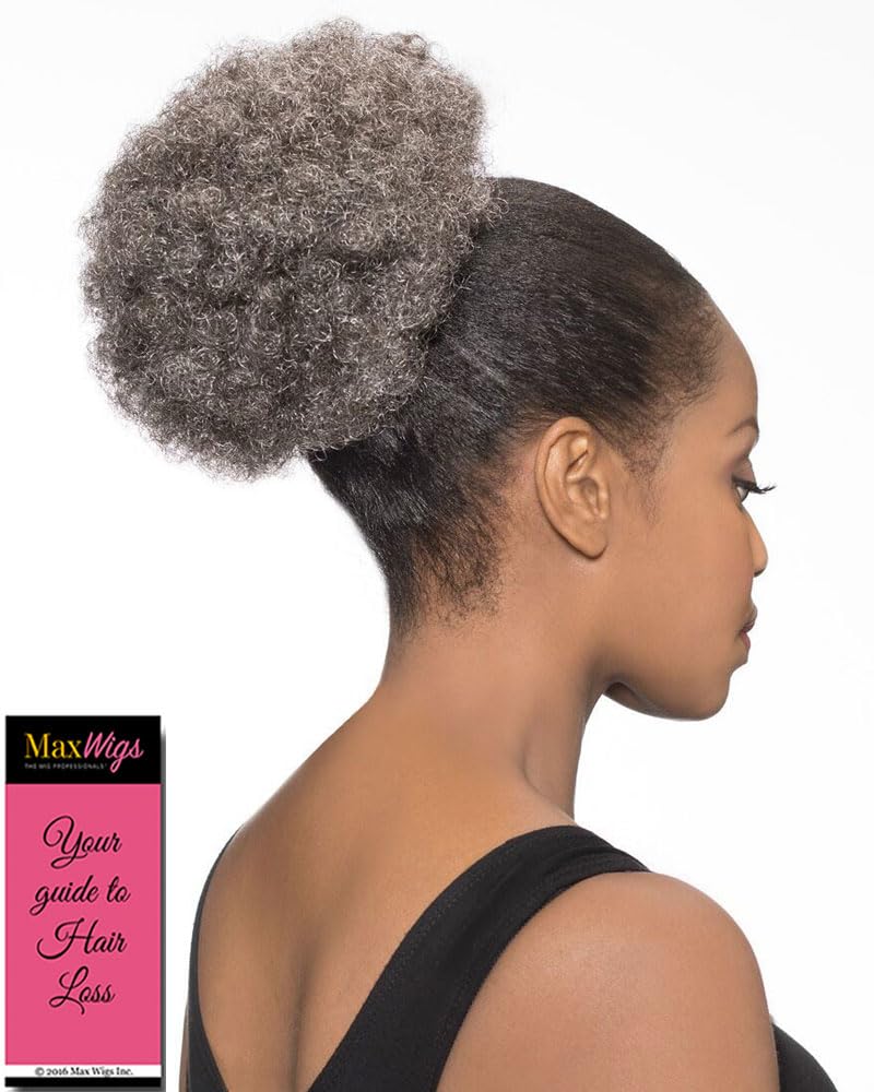 Maxwigs DS007 Afro Ponytail Color 44 Charcoal Gray - Foxy Silver Wigs 8-10" Medium Length Drawstring Hairpiece Extension Synthetic Black Grey Full Bun