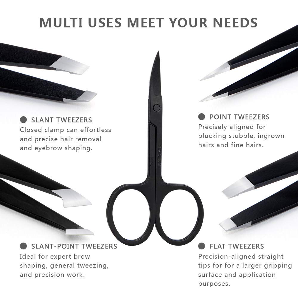 Tweezers Set 5-Piece - Professional Stainless Steel Tweezers with Curved Scissors, Best Precision Tweezer for Eyebrows, Splinter & Ingrown Hair Beauty & Personal Care Cutygirl