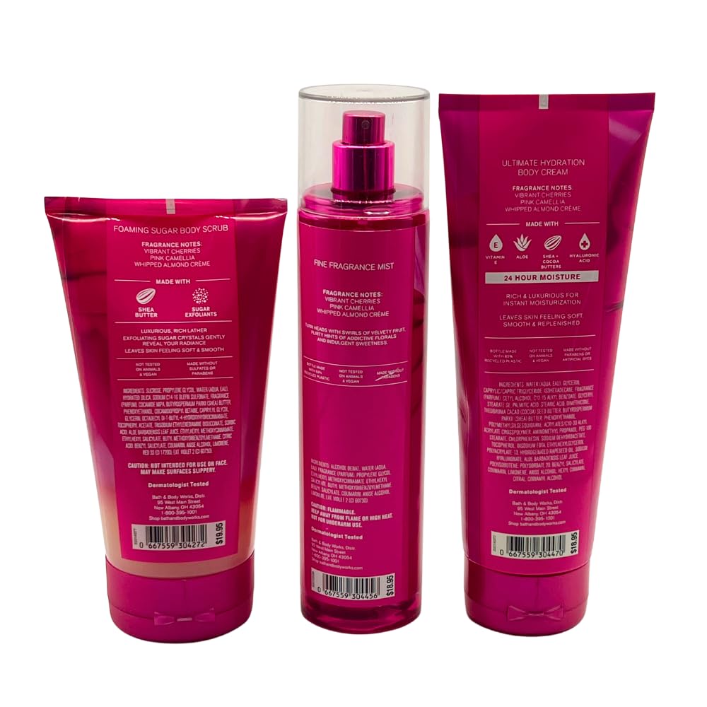 Bath & Body Works PERFECT IN PINK Fine Fragrance Mist, Ultimate Hydration Body Cream & Foaming Sugar Body Scrub 3-piece Gift Set with a Blue Bow Beauty and Personal Care Bath & Body Works