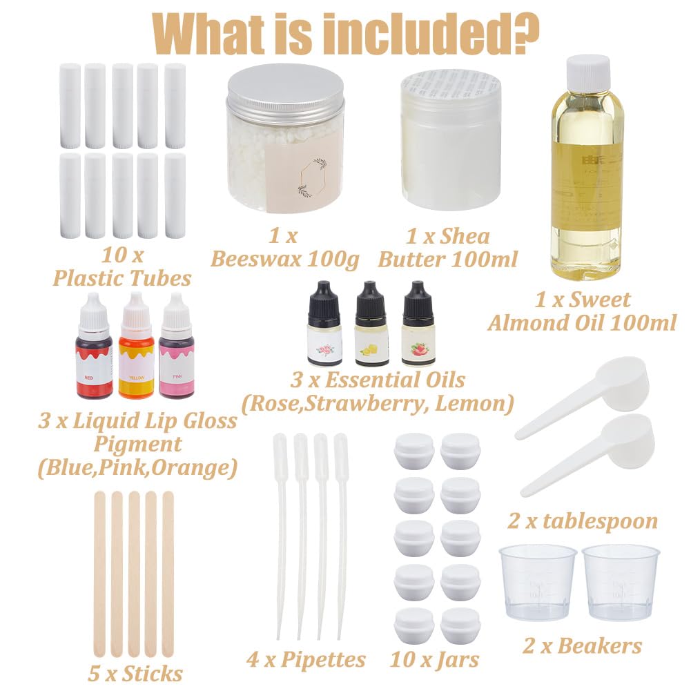 WEBEEDY DIY Lip Balm Kit,53 Pcs Natural Moisturizing DIY Lip Gloss Making Kit with Beeswax,Shea Butter,Essential Oil,Empty Lip Balm Tube,Make Your Own Beauty and Personal Care WEBEEDY