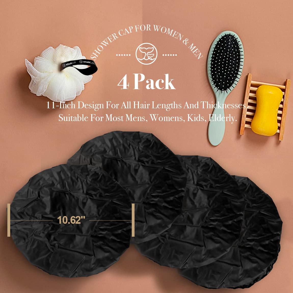 WhaleLife Shower Cap - Black Double-Layer Waterproof Reusable Satin-Lined for Women Men | Fits Thick Hair | Home Spa Travel 4 Pack Beauty & Personal Care WhaleLife