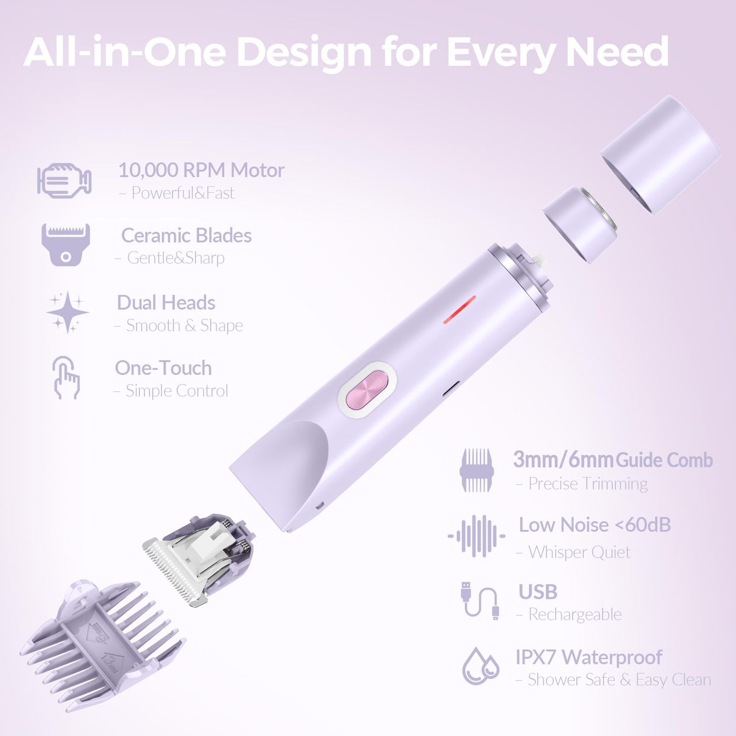 Bikini Trimmer for Women - 2-in-1 Electric Razor with Dual Heads, Ceramic Blades, Wet & Dry Use, USB Rechargeable, Skin-Friendly Shaver for Bikini Beauty and Personal Care VIOBELA