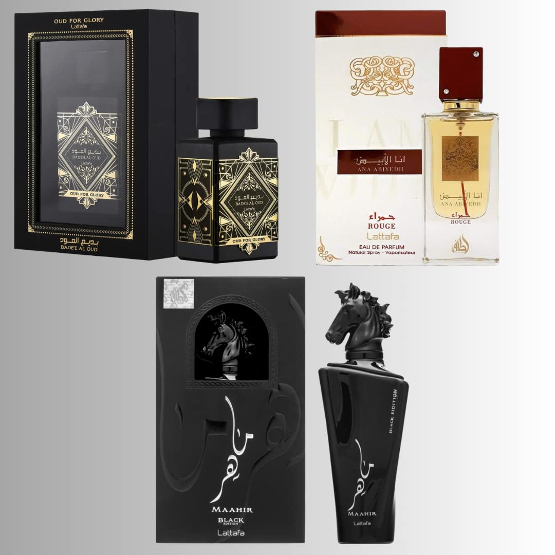 Lattafa Perfumes Bade'e Al Oud For Glory, Maahir Black & Ana Abiyedh Rouge EDP-100ml(3.4 oz) Beauty & Personal Care Lattafa